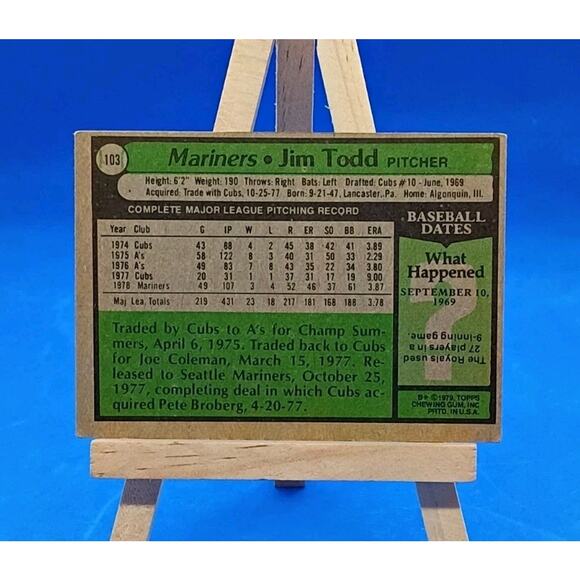 1979 Topps - Jim Todd #103 Seattle Mariners - Pitcher - Picture 3 of 4